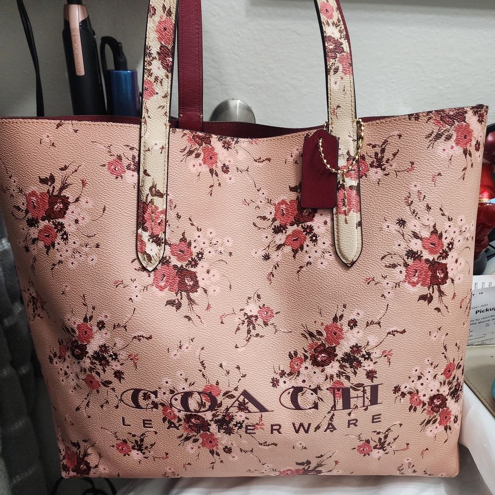 Coach Pink Floral Leather Tote with Burgundy Accents